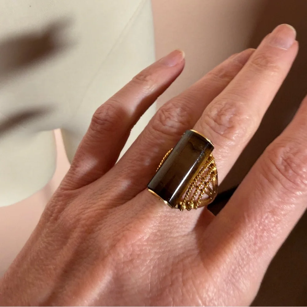 Vintage art deco Smoky Quartz cabochon gold plated oversized cocktail Ring